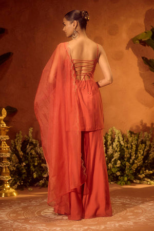 Orange Floral Embroidered Chanderi Sharara Suits