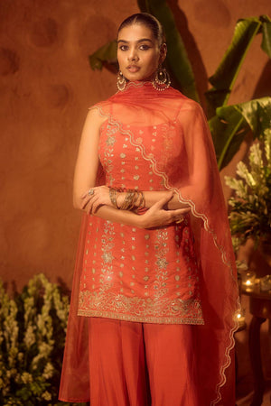 Orange Floral Embroidered Chanderi Sharara Suits
