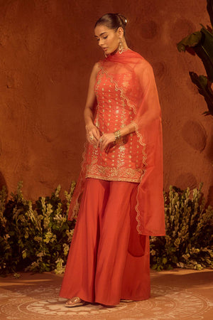 Orange Floral Embroidered Chanderi Sharara Suits