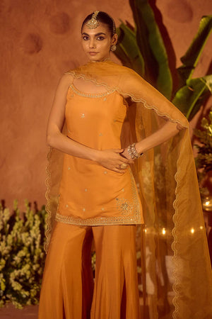 Mustard Floral Embroidered Chanderi Sharara Suits