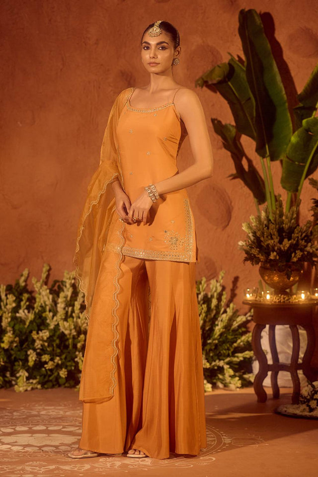 Mustard Floral Embroidered Chanderi Sharara Suits