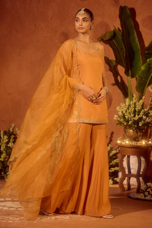 Mustard Floral Embroidered Chanderi Sharara Suits