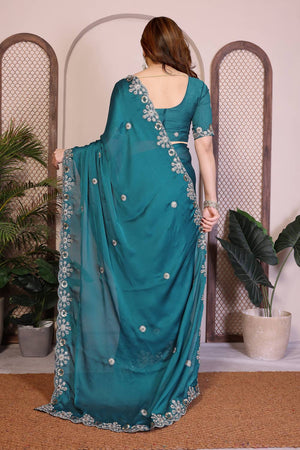 Turquoise Embroidered Satin Saree (ACA5948)