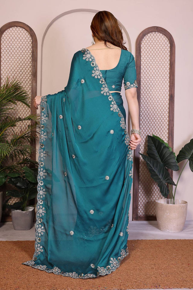 Turquoise Embroidered Satin Saree (ACA5948)