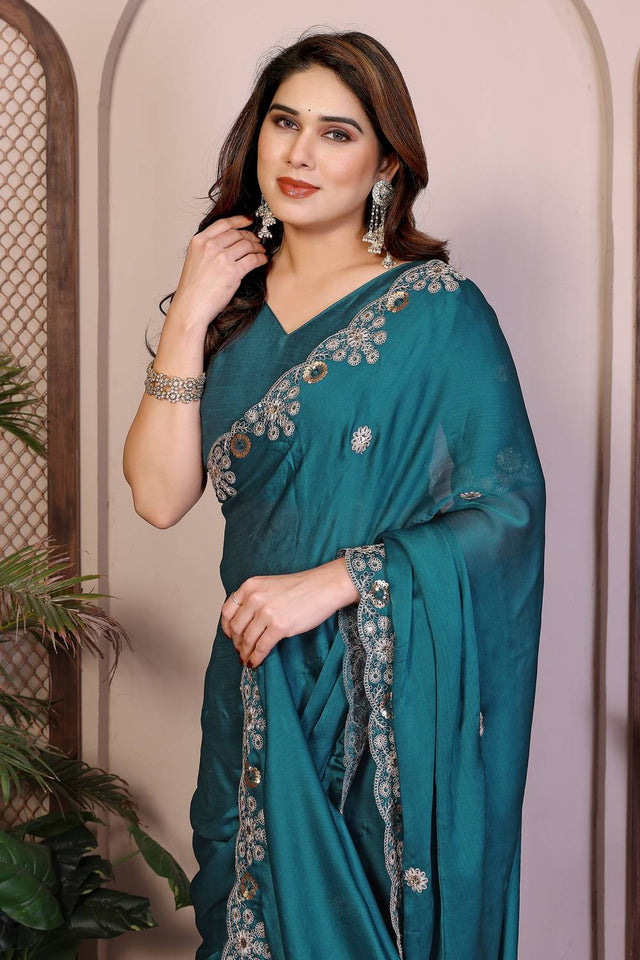 Turquoise Embroidered Satin Saree (ACA5948)