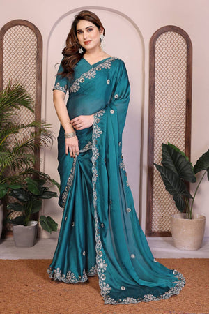 Turquoise Embroidered Satin Saree (ACA5948)