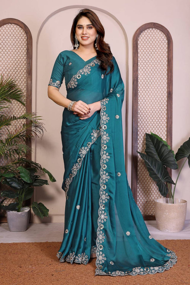 Turquoise Embroidered Satin Saree (ACA5948)