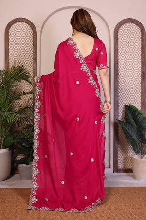 Pink Floral Embroidered Satin Saree (ACA5949)