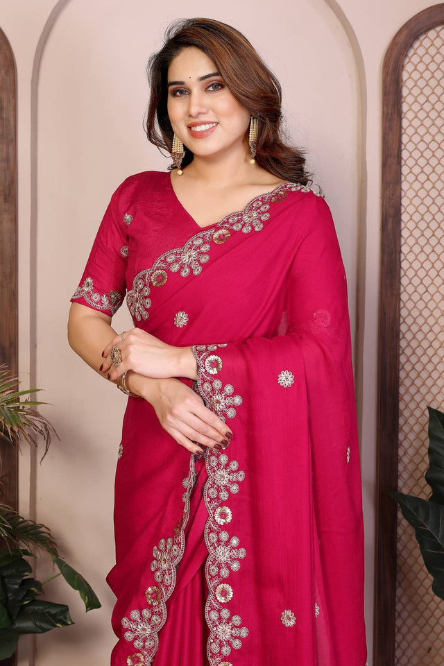 Pink Floral Embroidered Satin Saree (ACA5949)