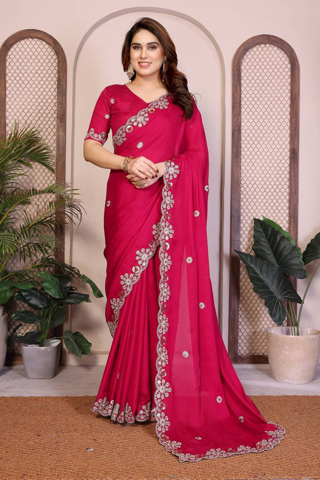 Pink Floral Embroidered Satin Saree (ACA5949)