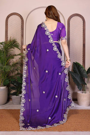 Violet Floral Embroidered Satin Saree (ACA5950)