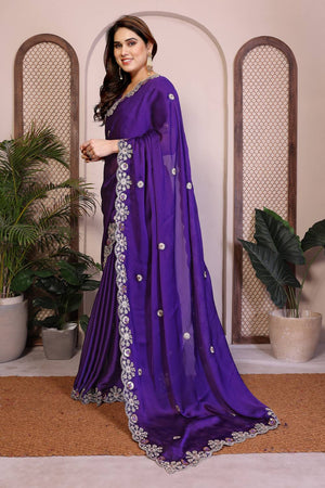 Violet Floral Embroidered Satin Saree (ACA5950)