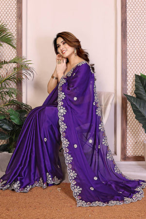 Violet Floral Embroidered Satin Saree (ACA5950)