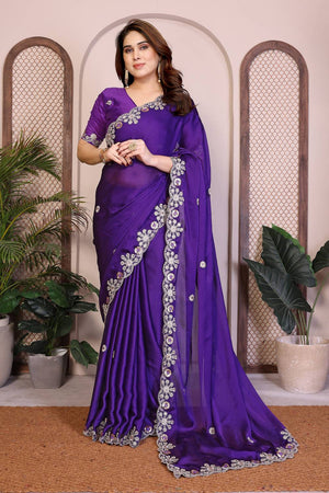 Violet Floral Embroidered Satin Saree (ACA5950)