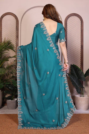 Turquoise Embroidered Satin Saree (ACA5951)