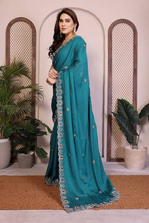 Turquoise Embroidered Satin Saree (ACA5951)