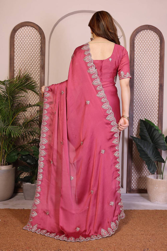 Pink Embroidered Satin Saree (ACA5952)
