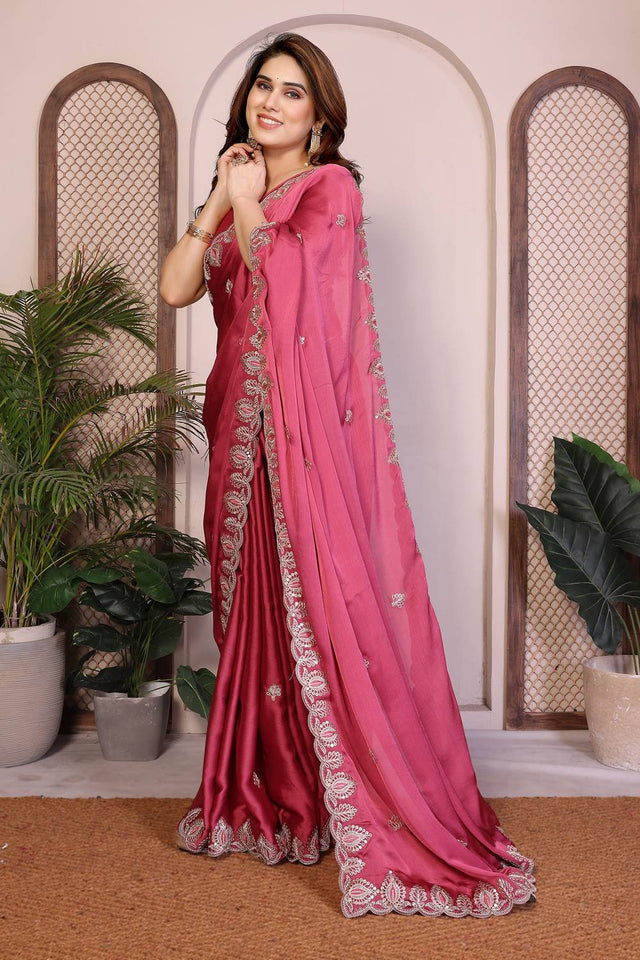 Pink Embroidered Satin Saree (ACA5952)