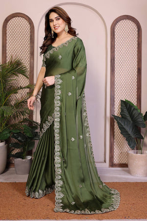 Mehendi Embroidered Satin Saree (ACA5953)