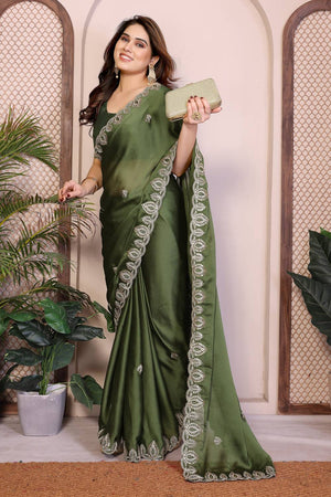 Mehendi Embroidered Satin Saree (ACA5953)