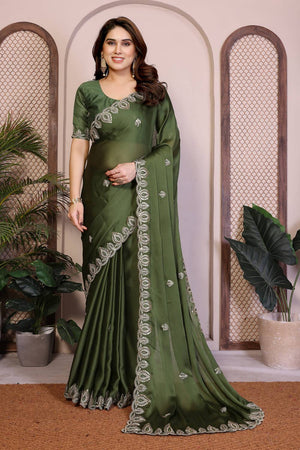 Mehendi Embroidered Satin Saree (ACA5953)