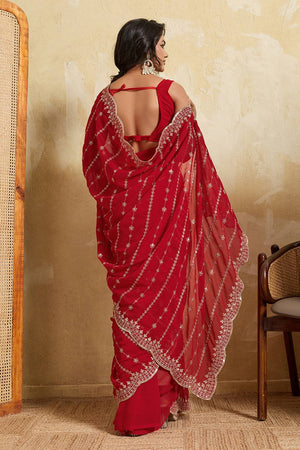 Red Floral Embroidered Georgette Saree (ACA5962)