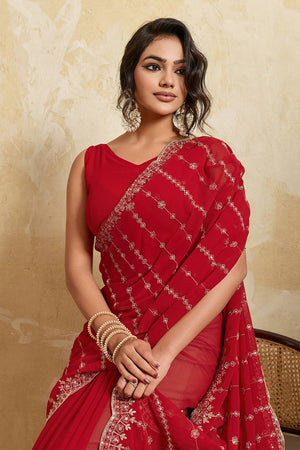 Red Floral Embroidered Georgette Saree (ACA5962)