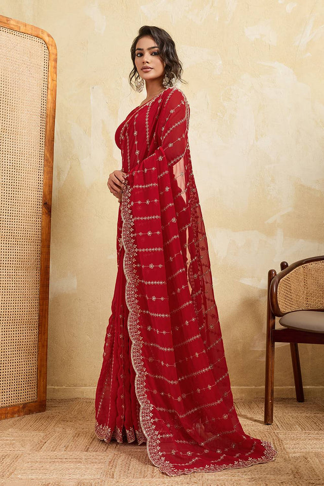 Red Floral Embroidered Georgette Saree (ACA5962)