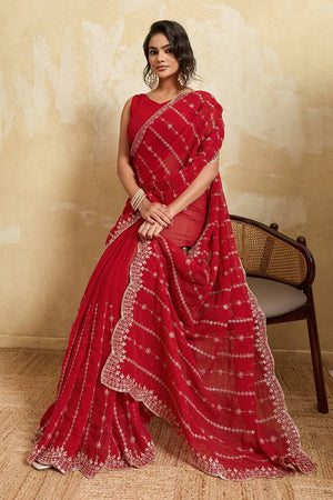Red Floral Embroidered Georgette Saree (ACA5962)