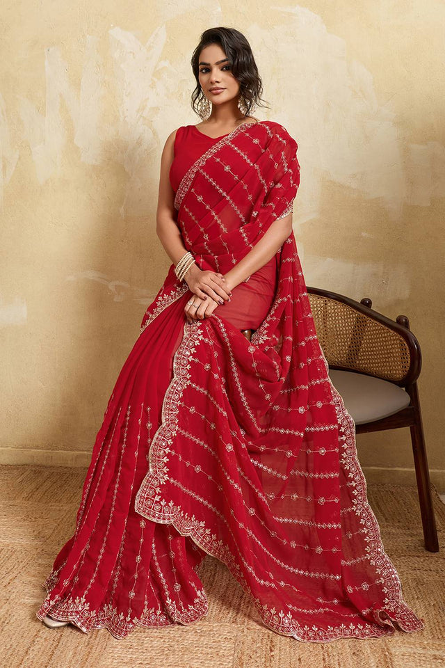 Red Floral Embroidered Georgette Saree (ACA5962)
