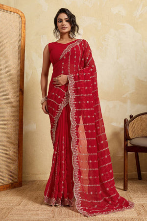Red Floral Embroidered Georgette Saree (ACA5962)