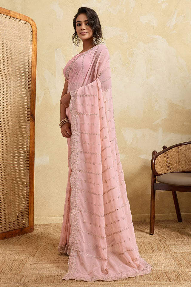 Pink Floral Embroidered Georgette Saree (ACA5963)