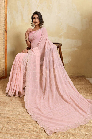 Pink Floral Embroidered Georgette Saree (ACA5963)