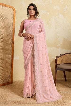Pink Floral Embroidered Georgette Saree (ACA5963)