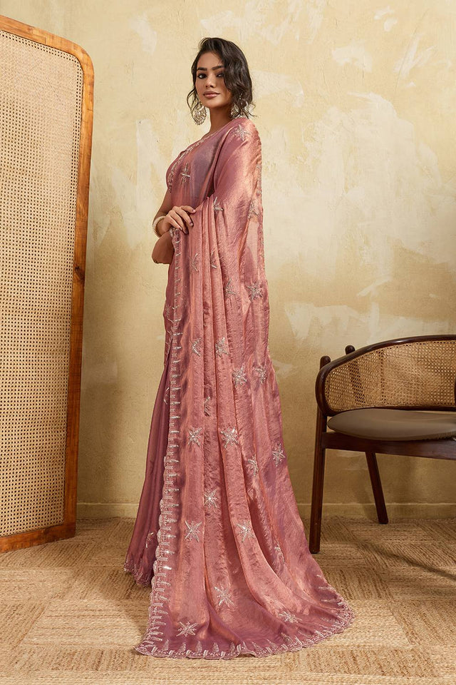 Violet Floral Embroidered Chiffon Saree (ACA5965)