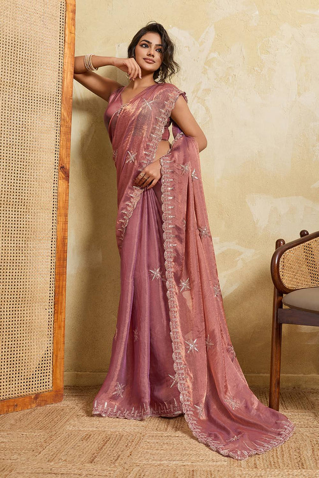 Violet Floral Embroidered Chiffon Saree (ACA5965)
