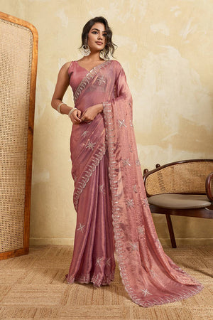 Violet Floral Embroidered Chiffon Saree (ACA5965)