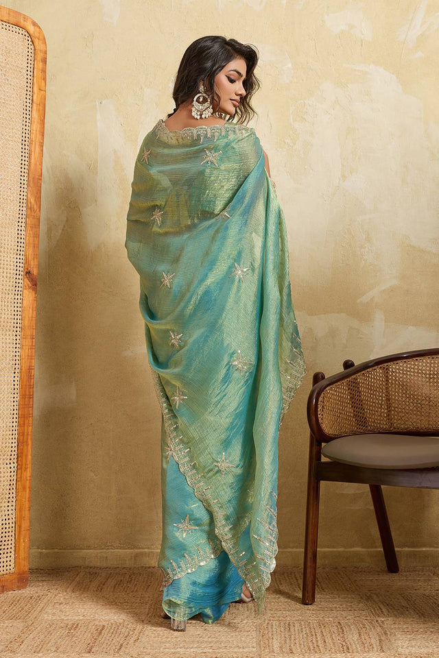 Blue Floral Embroidered Chiffon Saree (ACA5966)