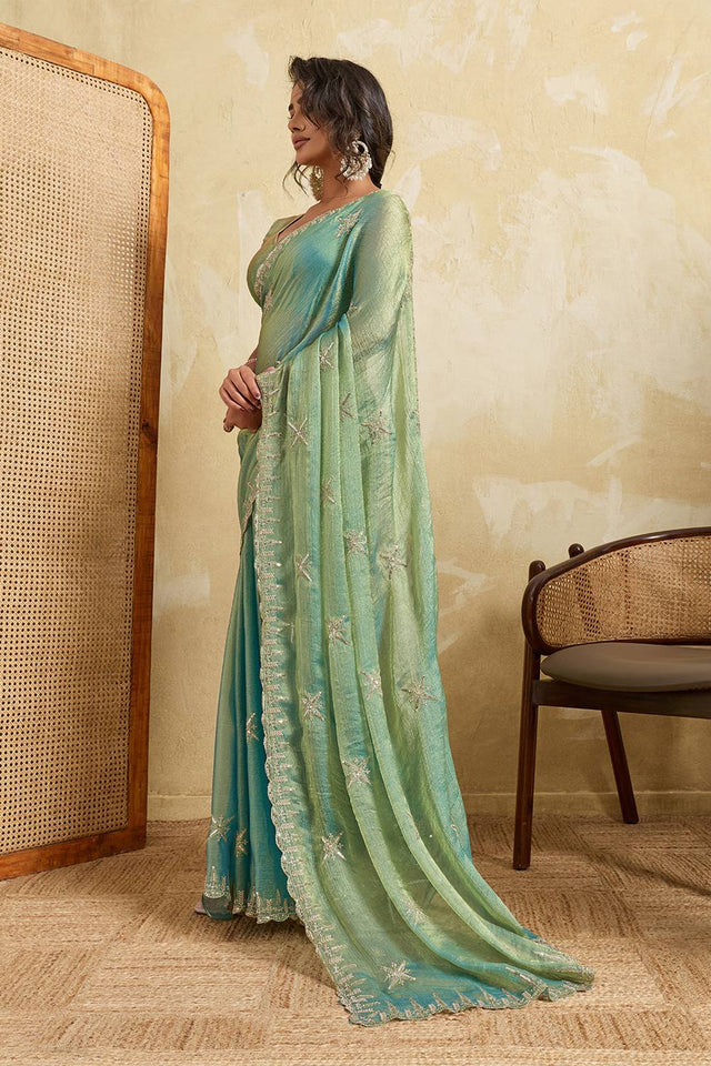 Blue Floral Embroidered Chiffon Saree (ACA5966)