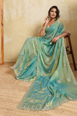 Blue Floral Embroidered Chiffon Saree (ACA5966)