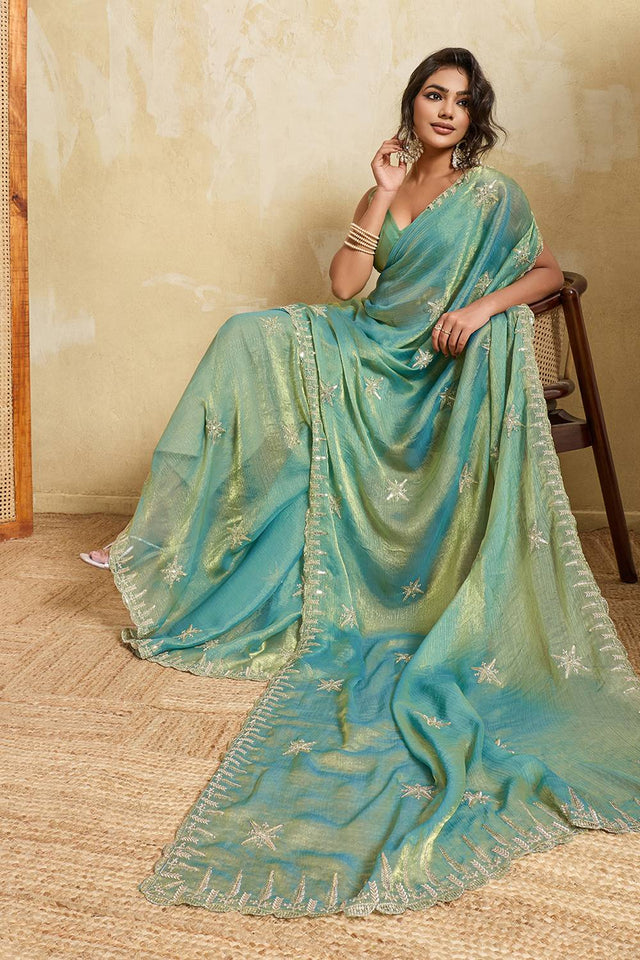 Blue Floral Embroidered Chiffon Saree (ACA5966)