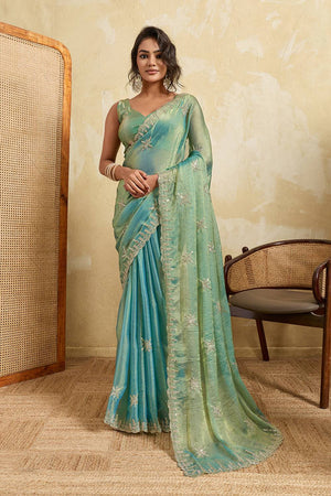 Blue Floral Embroidered Chiffon Saree (ACA5966)