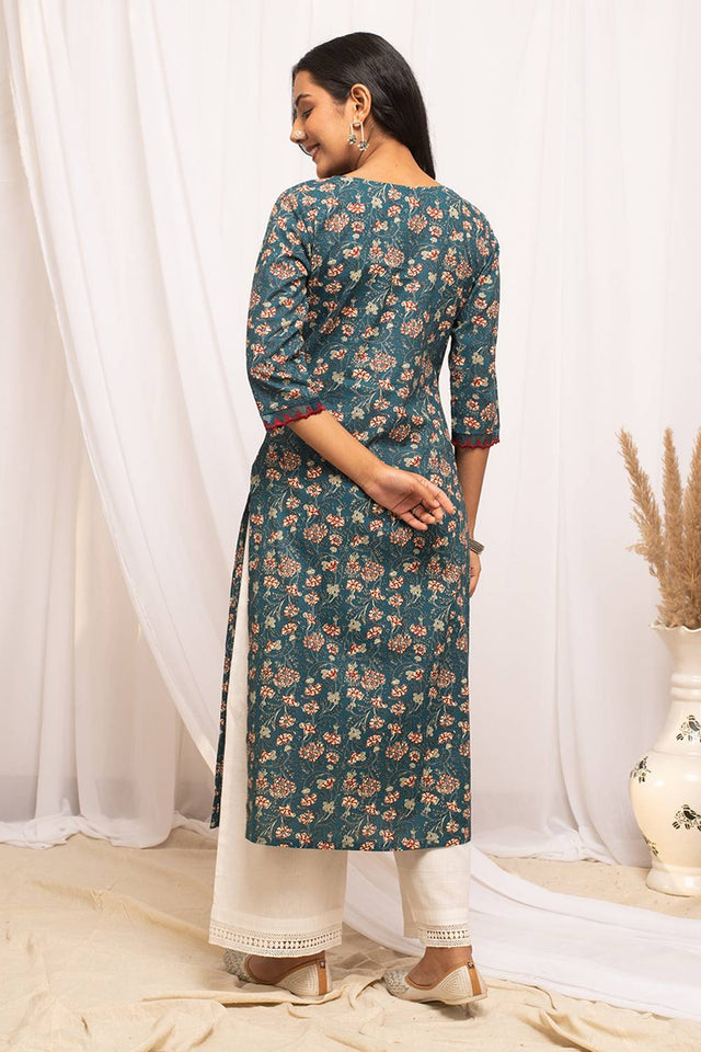 Blue Floral Printed Cotton Long Kurtis (ACA5968)