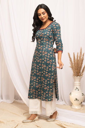 Blue Floral Printed Cotton Long Kurtis (ACA5968)