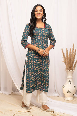 Blue Floral Printed Cotton Long Kurtis (ACA5968)