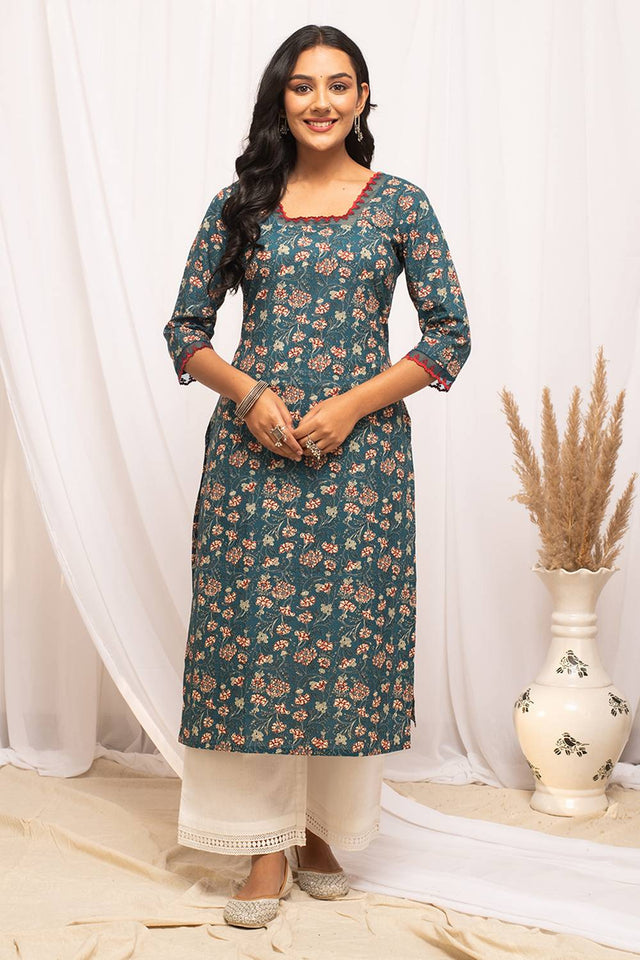 Blue Floral Printed Cotton Long Kurtis (ACA5968)