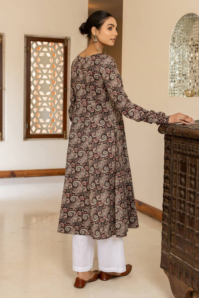 Brown Printed Cotton Long Kurtis (ACA5969)