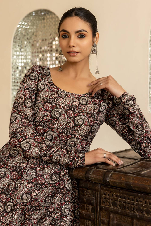 Brown Printed Cotton Long Kurtis (ACA5969)