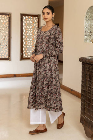 Brown Printed Cotton Long Kurtis (ACA5969)