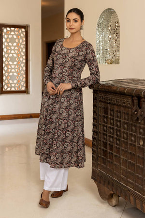 Brown Printed Cotton Long Kurtis (ACA5969)